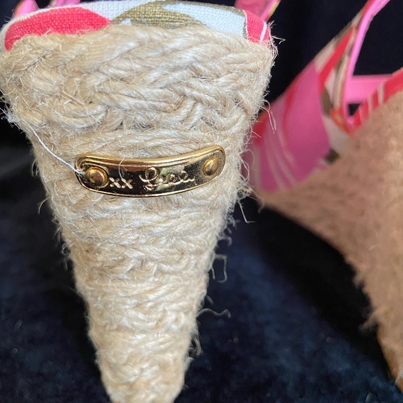 Lilly Pulitzer Espadrille Sling Back Wedge Logo Pink Floral Peep Toe sz 9M - Picture 6 of 13